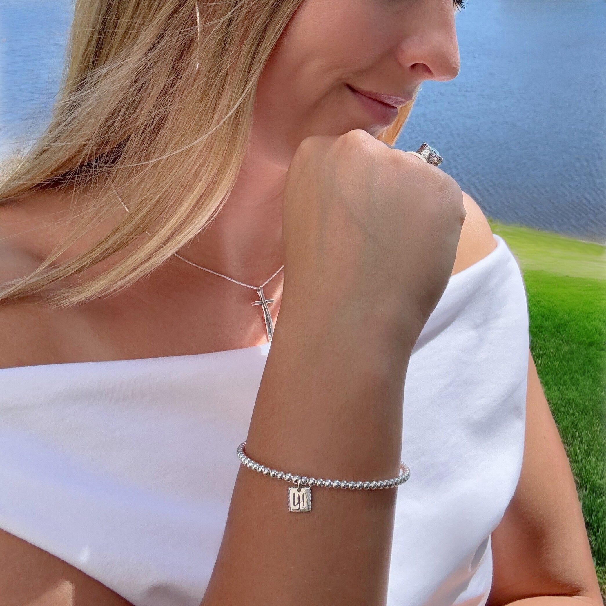 sterling silver beaded cuff bracelet with a engraved 41 pendent