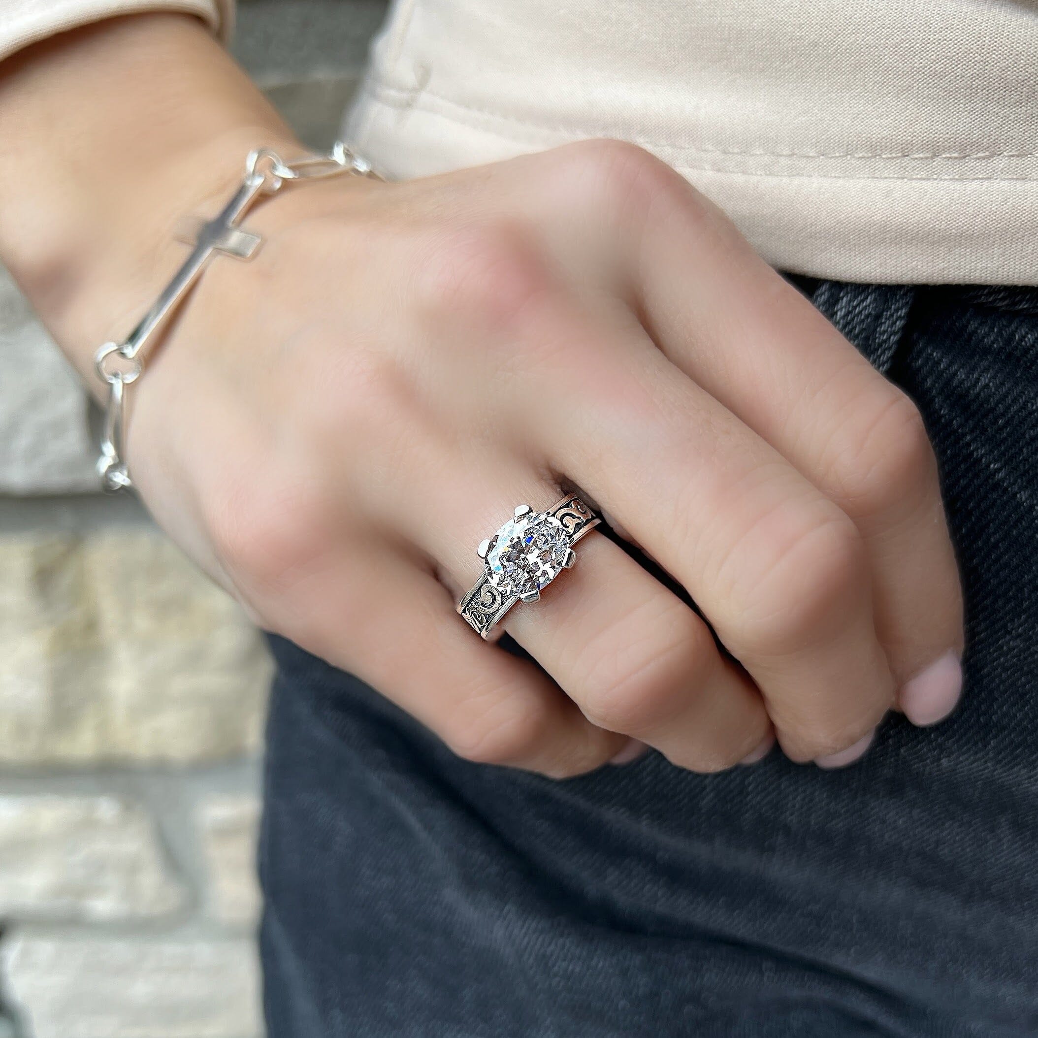sterling silver hand crafted ring featuring a oval cz stone