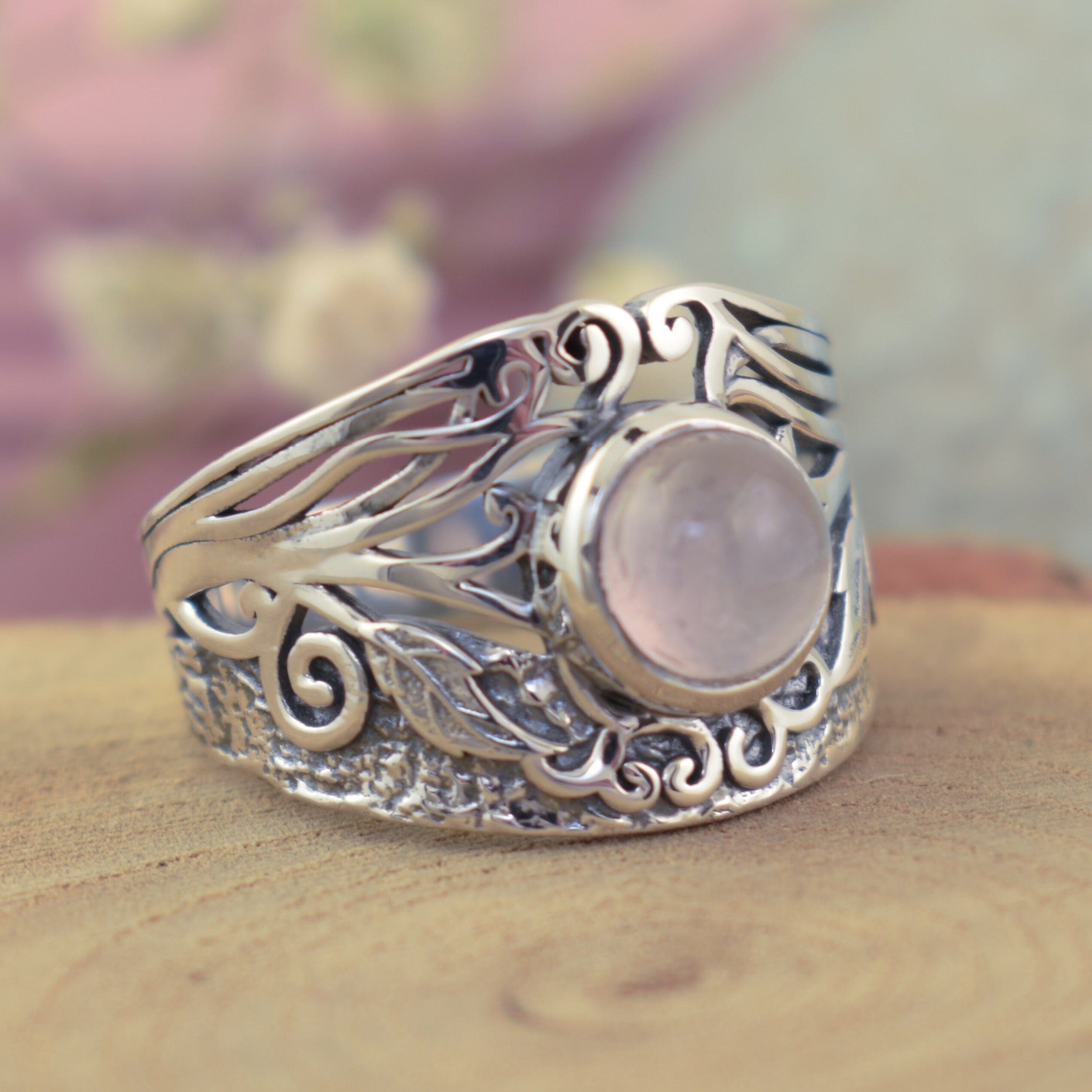 silver designer ring featuring bezel set rose quartz - Coming Up Roses