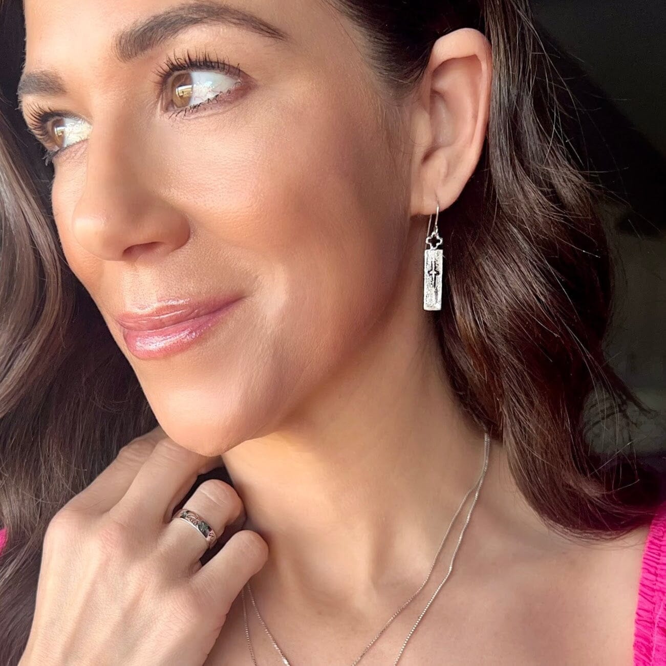 dangling silver bar earring with a cross - Cross Bar