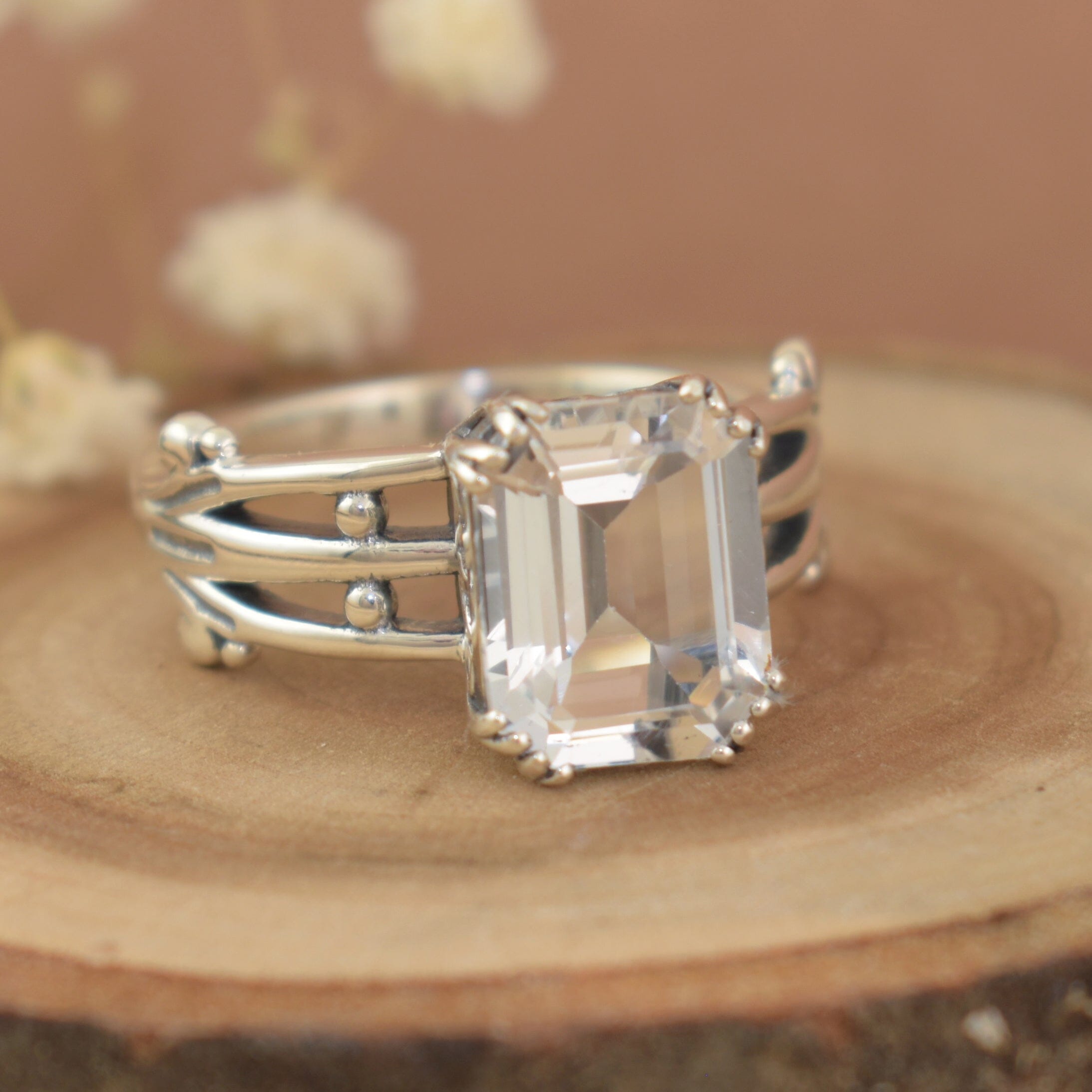 .925 sterling silver ring with emerald-shaped clear cubic zirconia stone