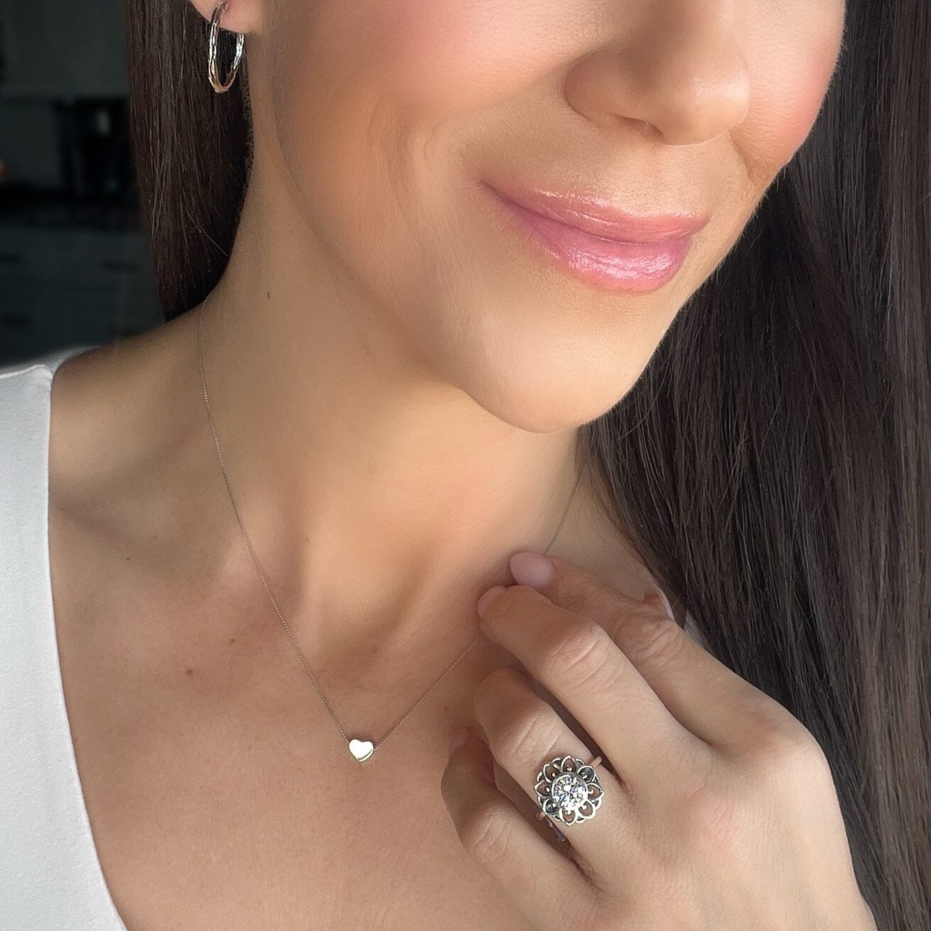 Itty Bitty Heart Necklace paired with Rustic Hoop Earrings and Good Day Sunshine Ring
