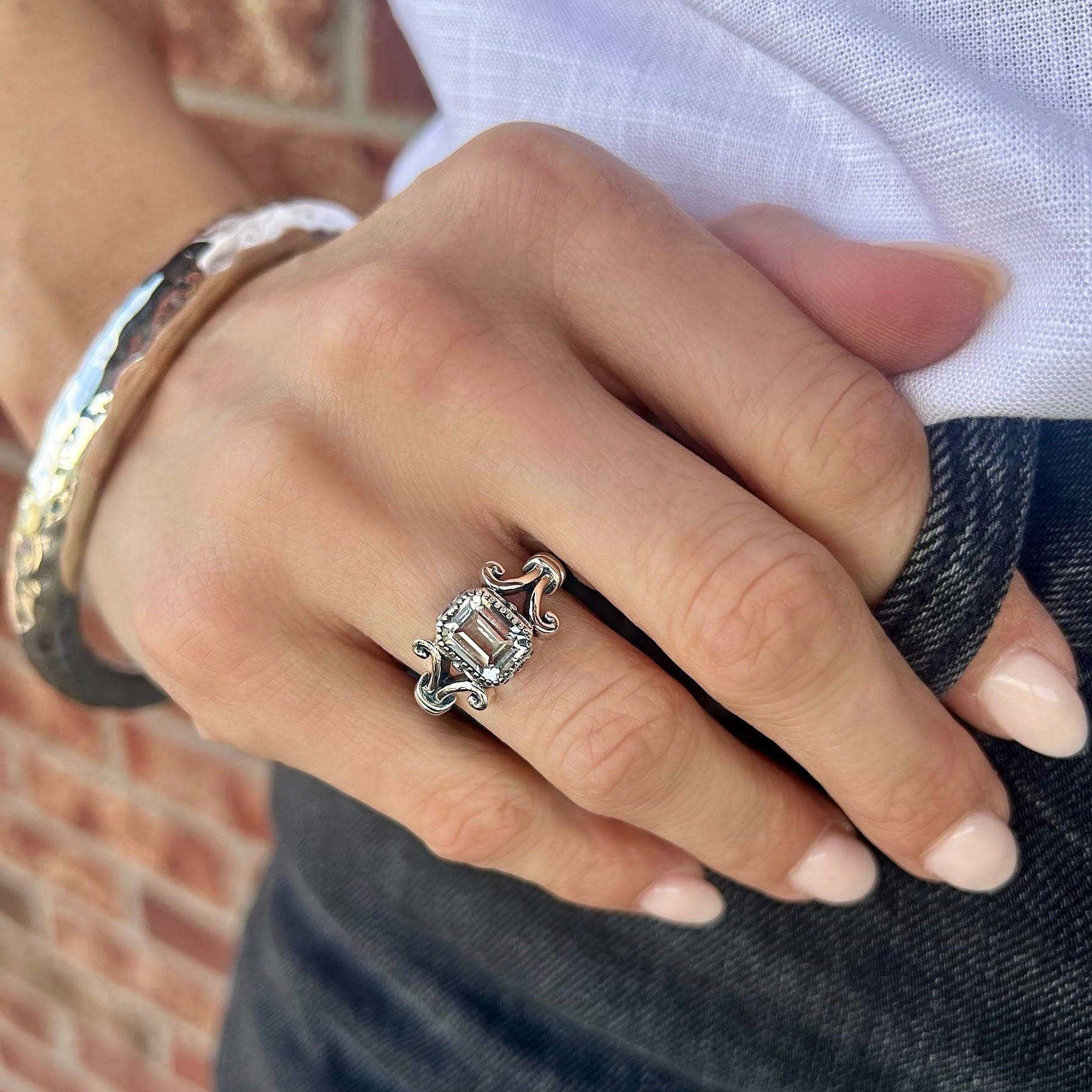 antique silver ring featuring soft green amethyst