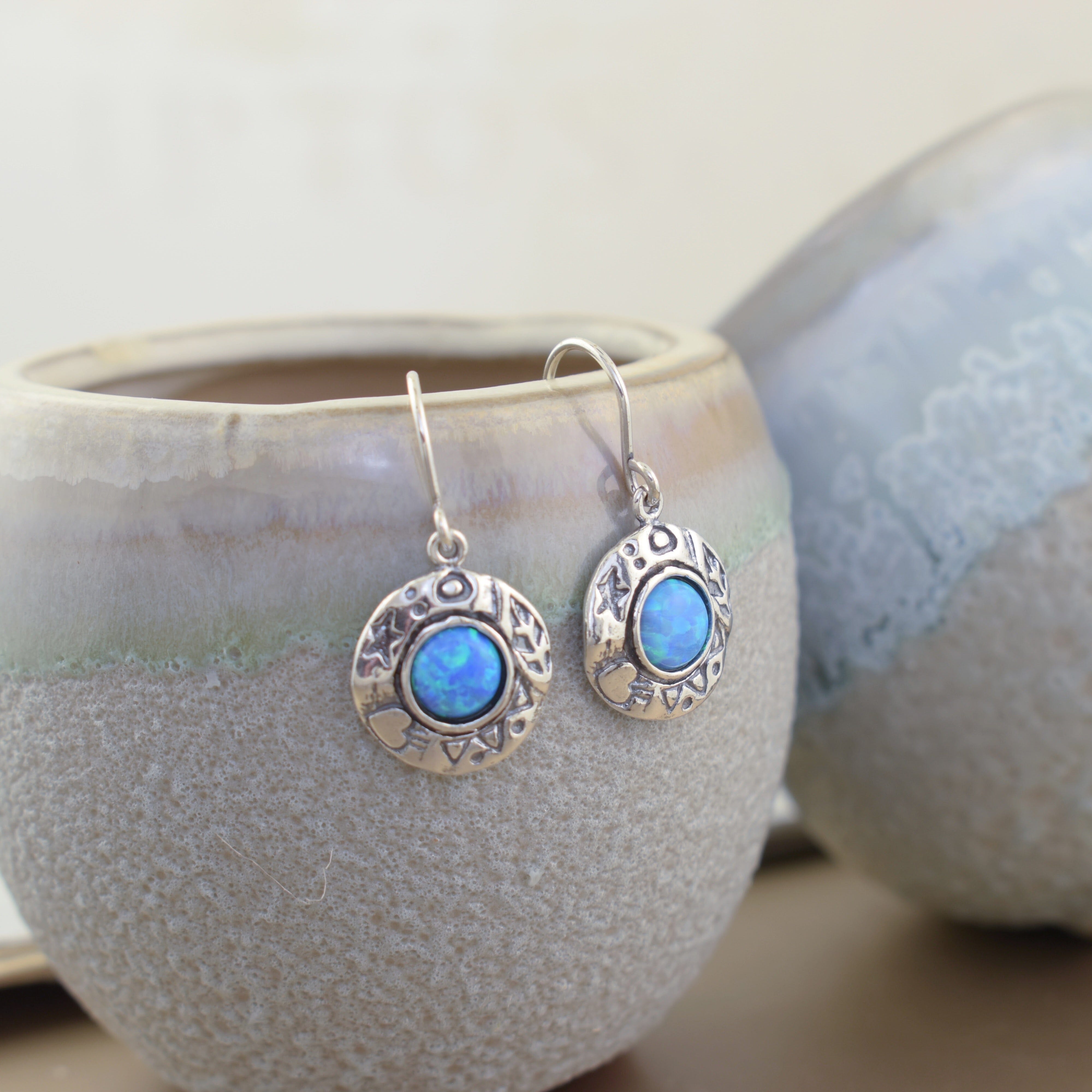 reconstructed opal dangling earrings bezel set in handcrafted sterling silver