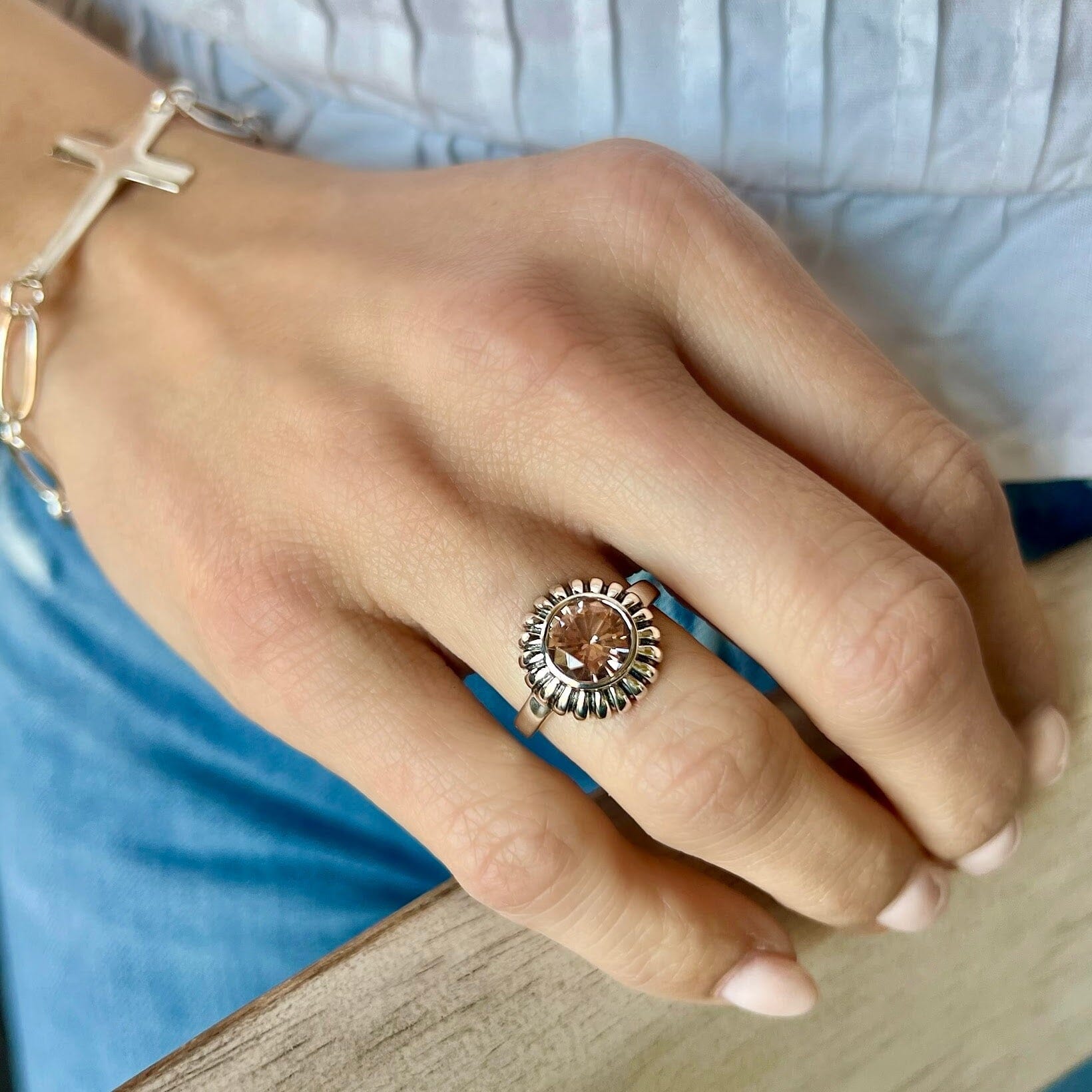 Peach colored Morganite CZ ring handcrafted in sterling silver