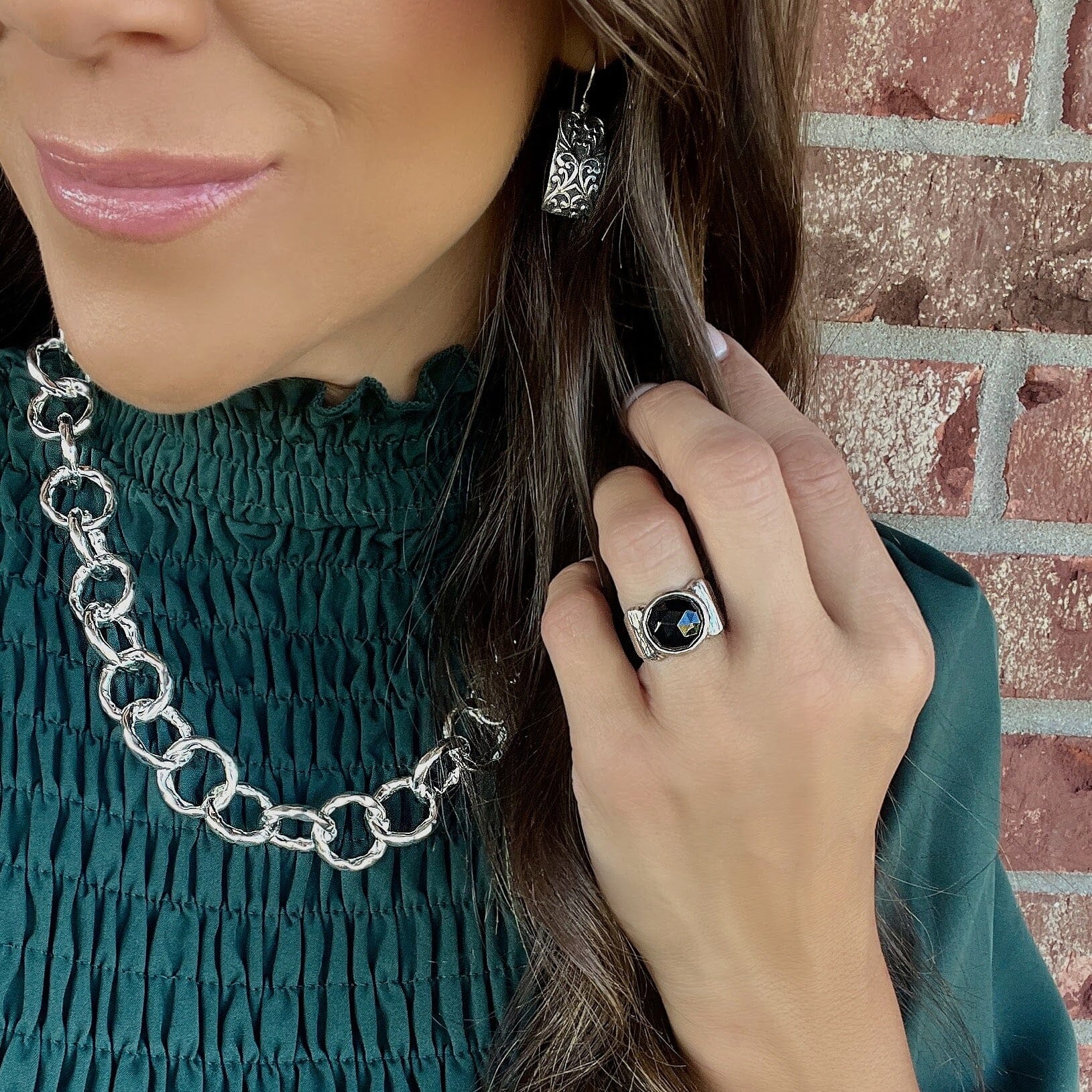 black onyx stone with unique sterling silver band paired with heritage earrings and todays girl necklace