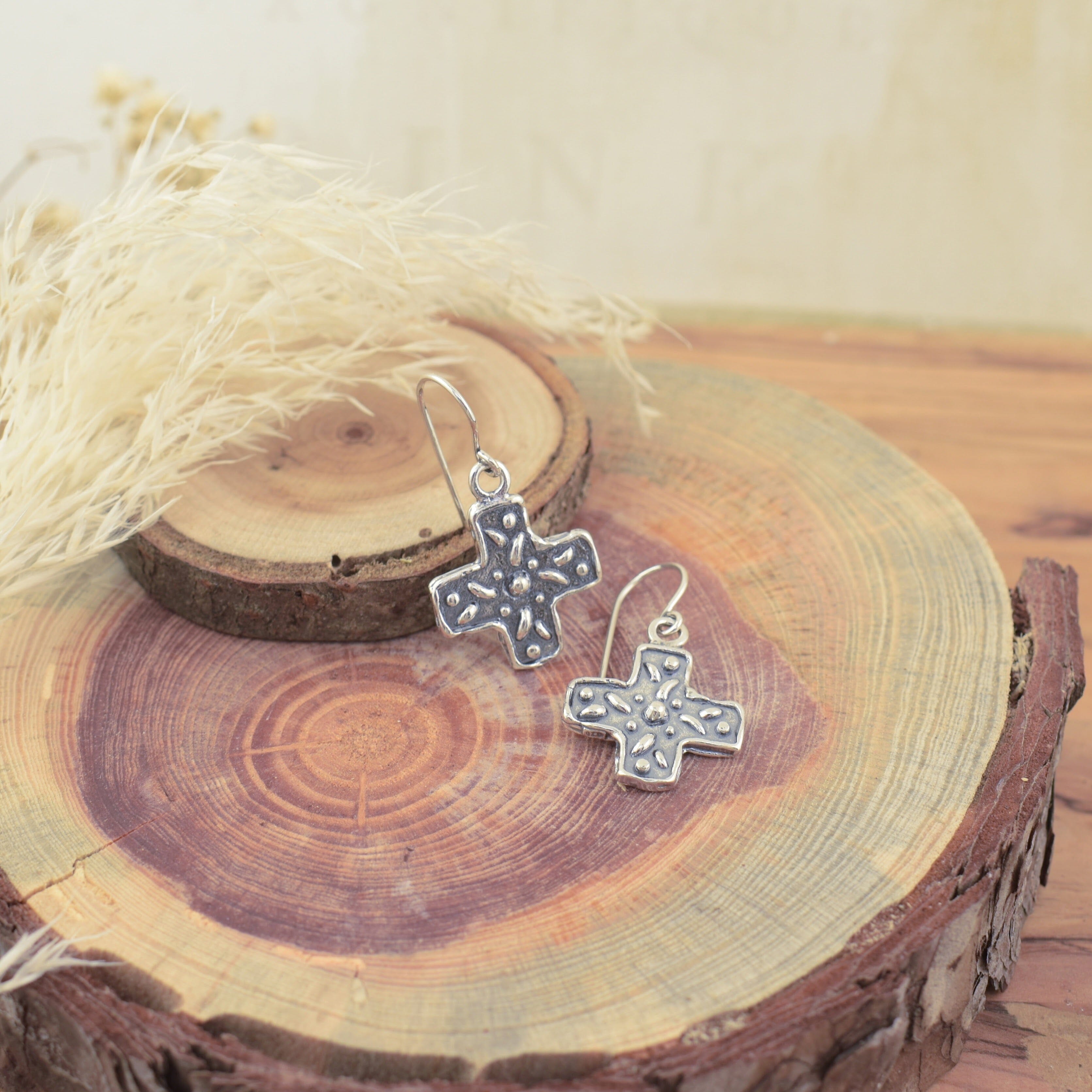 silver oxidized cross dangles on french wire earrings