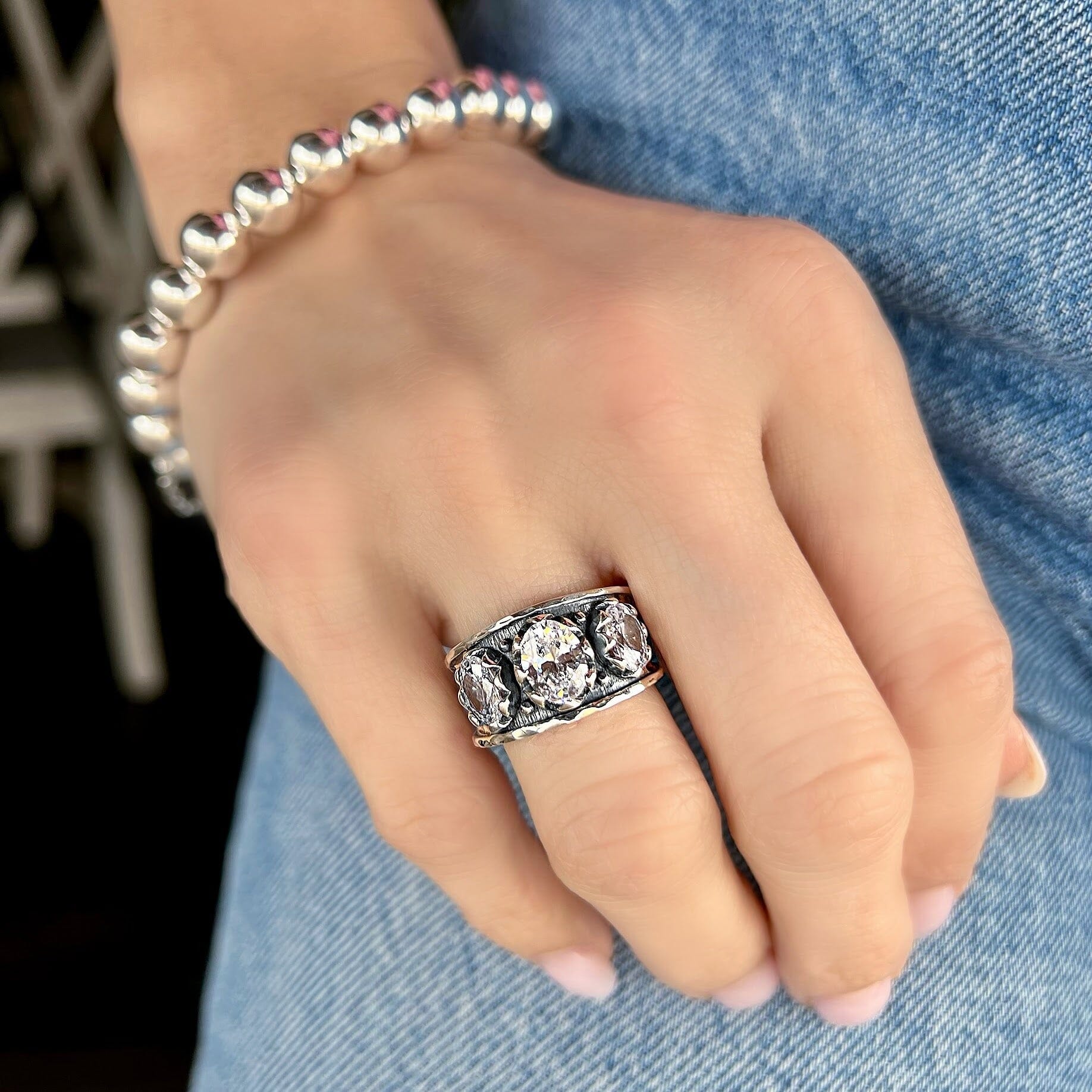 sterling silver hand crafted ring with 3 oval cz stones paired with the classic bead bracelet