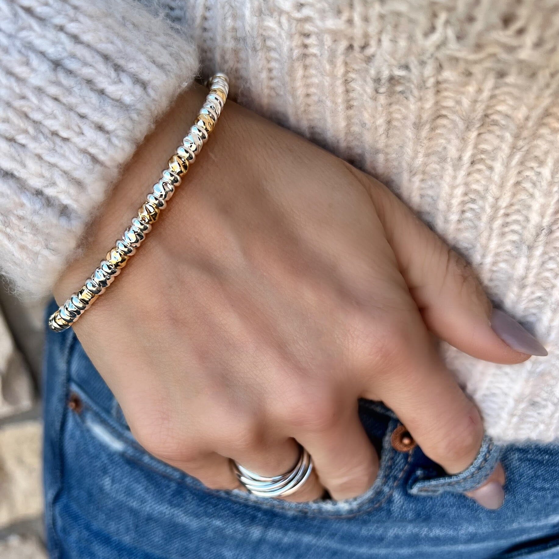 beaded sterling silver and gold filled minimalist style bracelet