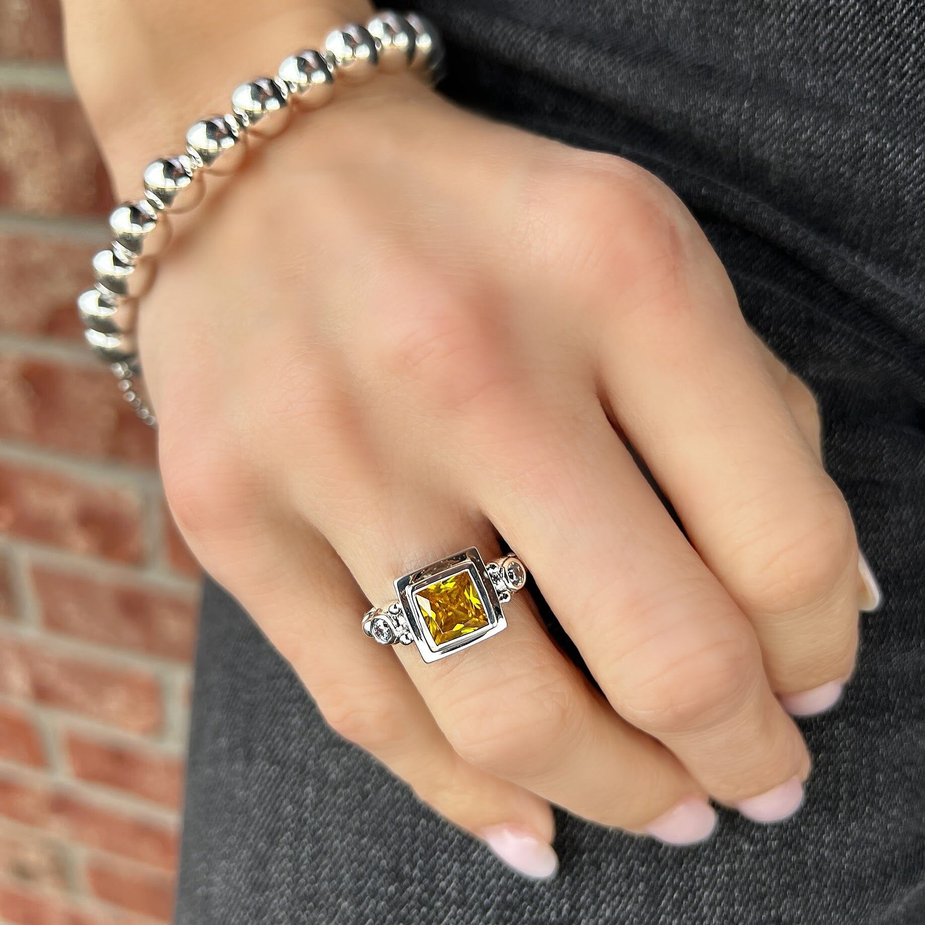 sterling silver square cut ring with  Saffron and Clear CZ stones