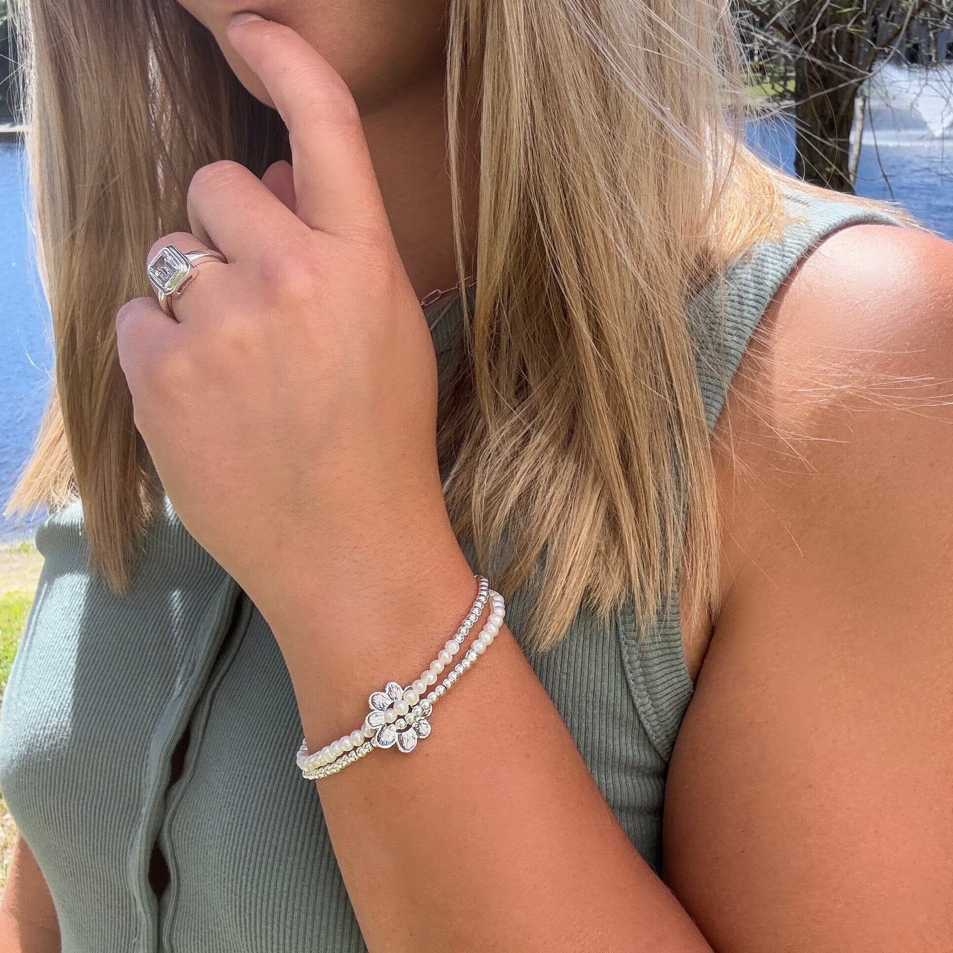 twice shy pearl and sterling silver bracelet paired with the tiffany ring