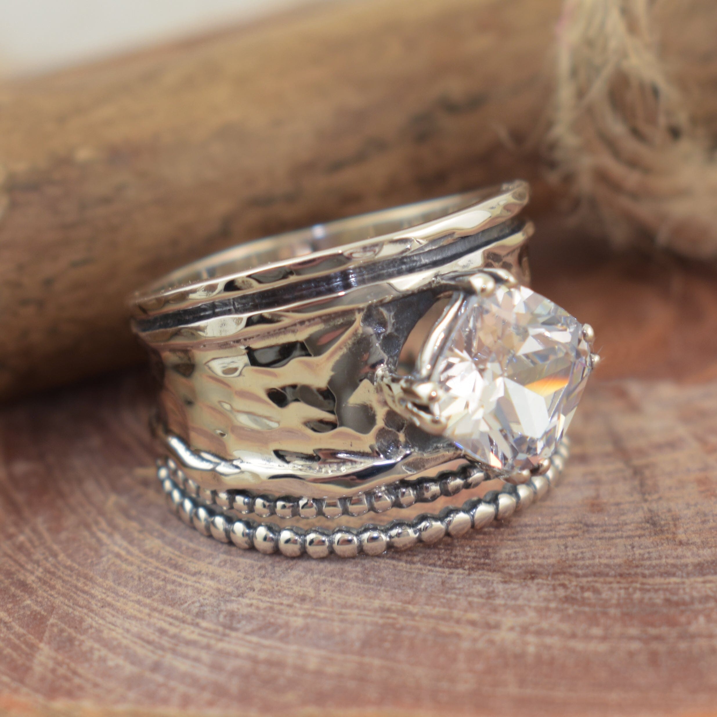.925 sterling silver wide band ring with prong set cz stone