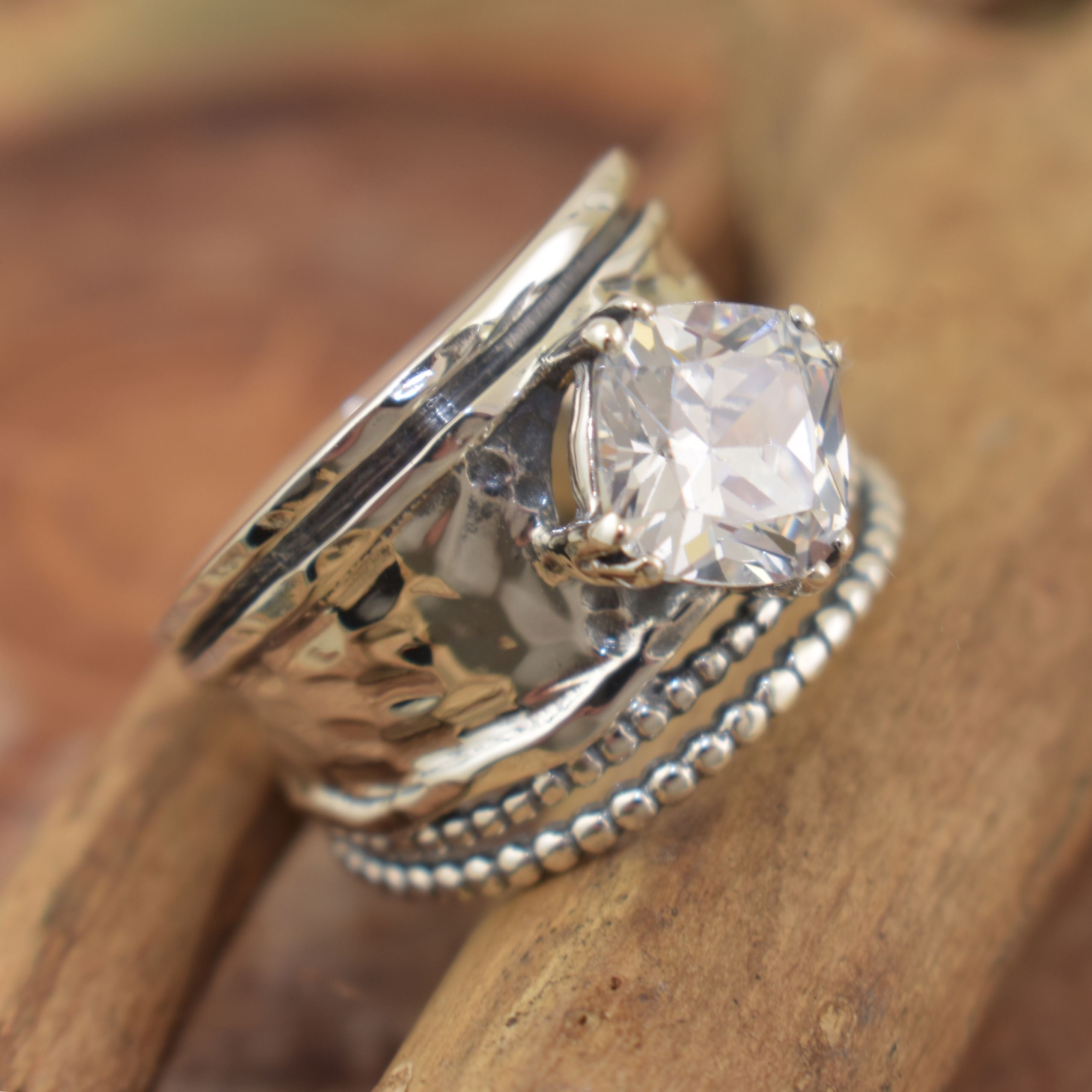 chunky silver designer cushion cut CZ style ring