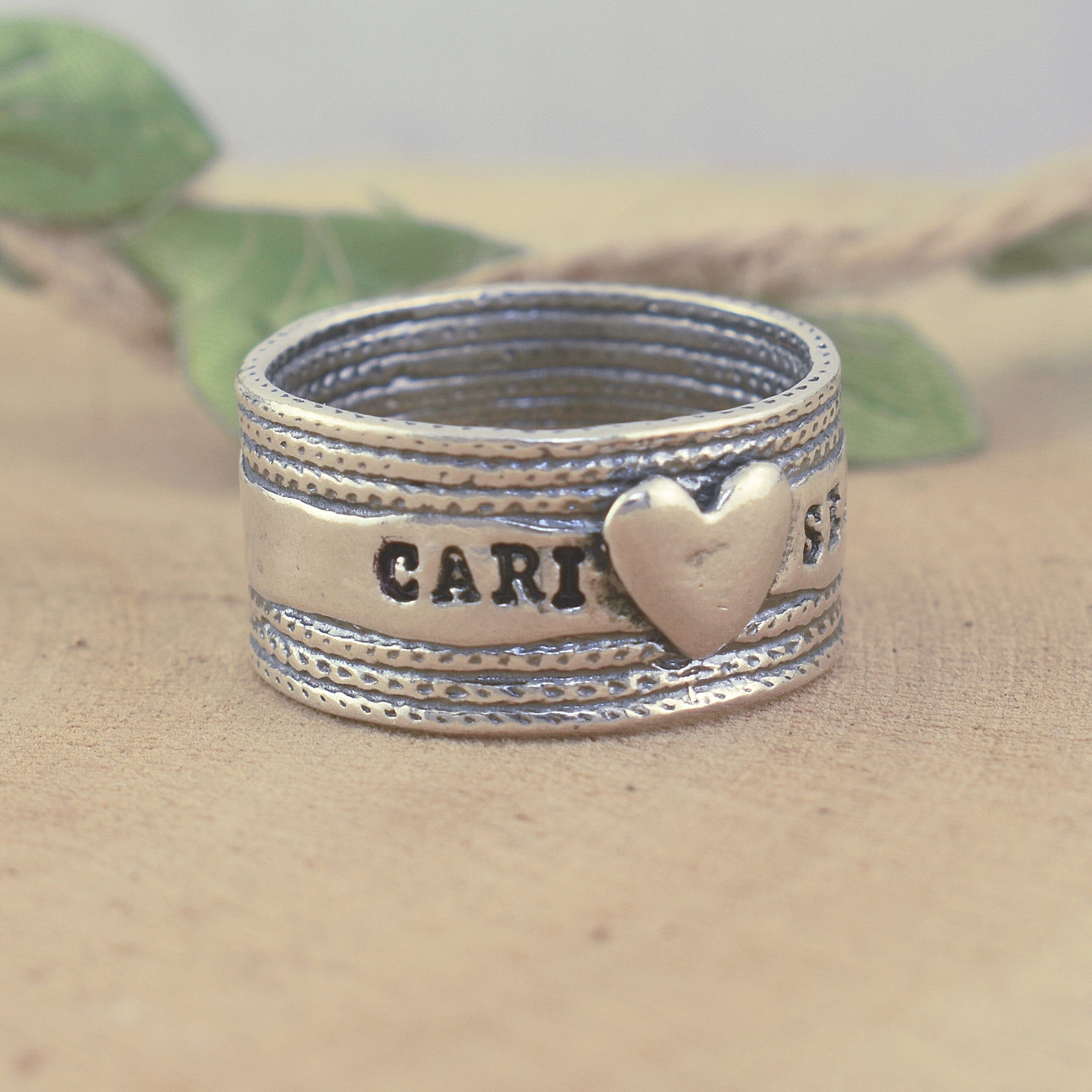 .925 sterling silver heart ring personalized with two names of your choosing