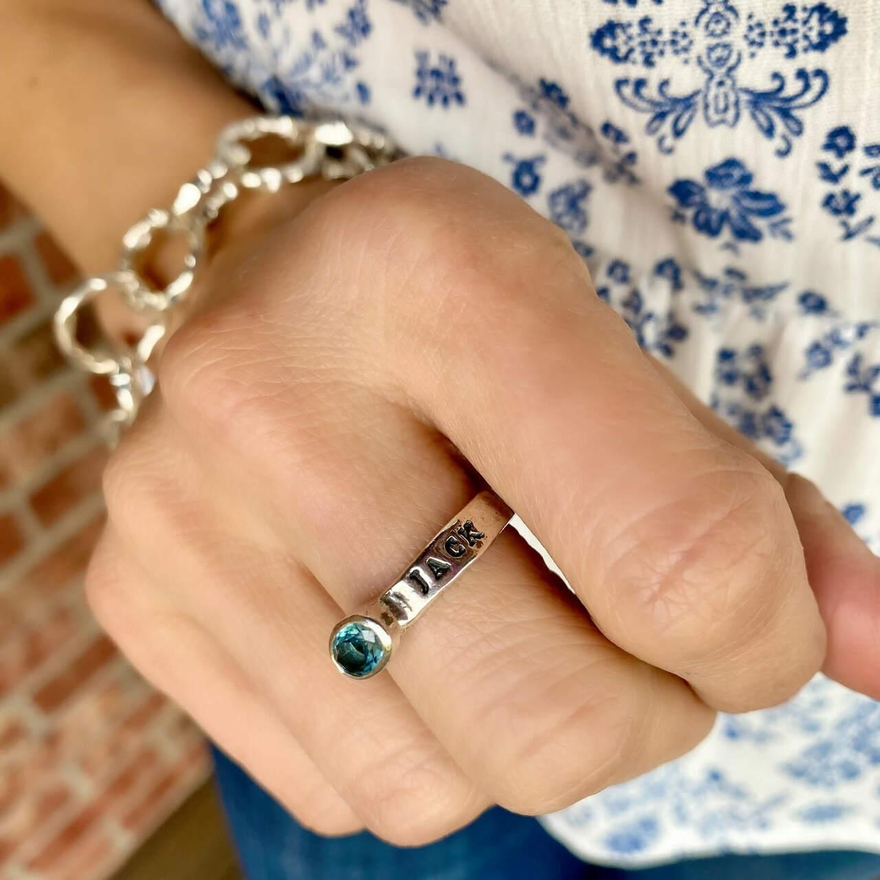 Handcrafted sterling silver personalized ring and birthstone center 