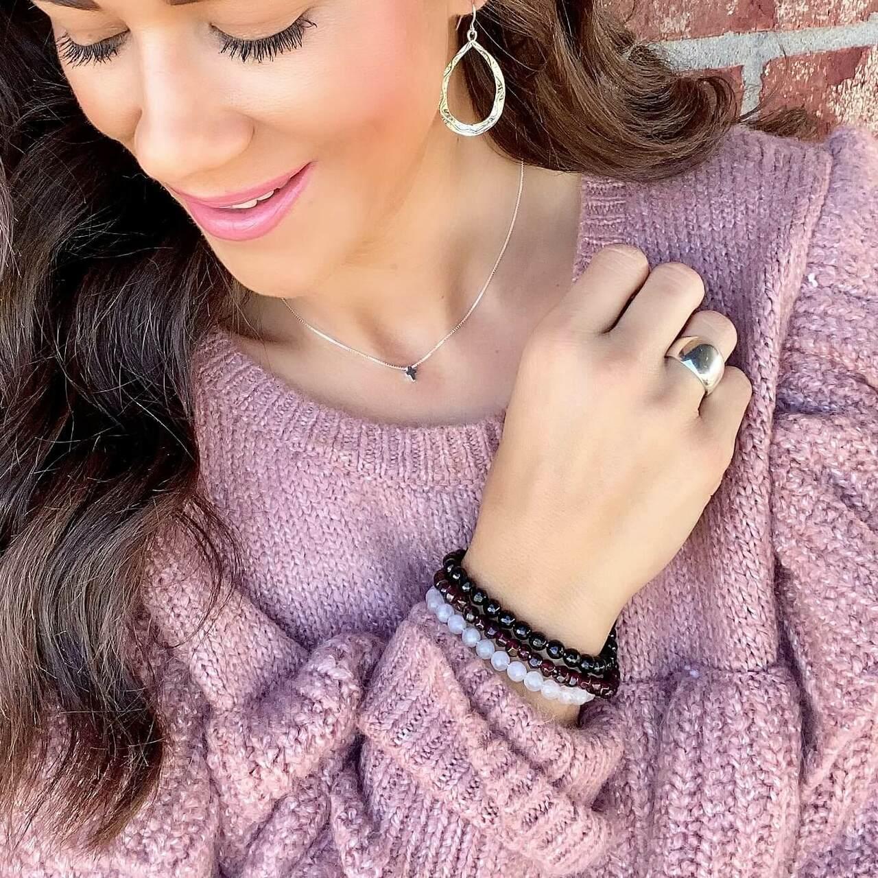 Put'n on the Glitz Bracelet in sterling silver paired with Classic Dome Ring and Itty Bitty Cross Necklace 