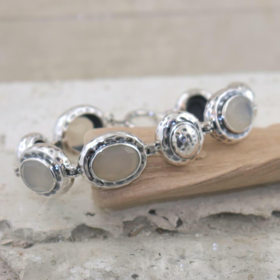 Summer Nights silver hammered bracelet with round stones