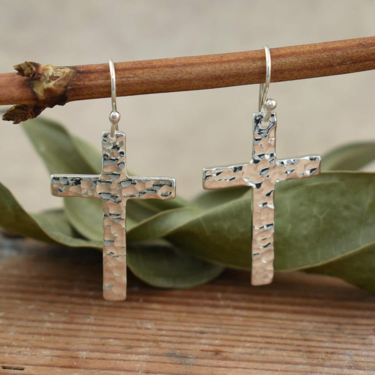 Hammered .925 sterling silver cross earrings