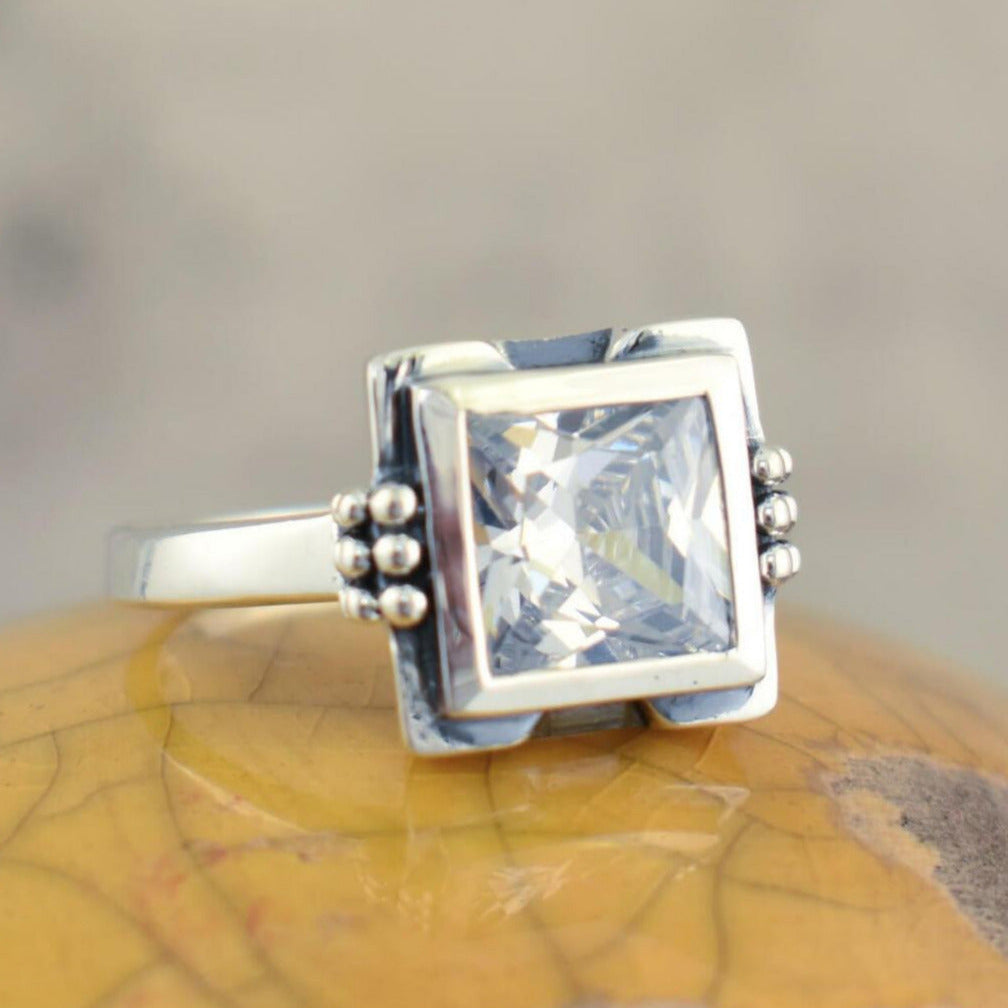 Handcrafted sterling silver and square CZ ring