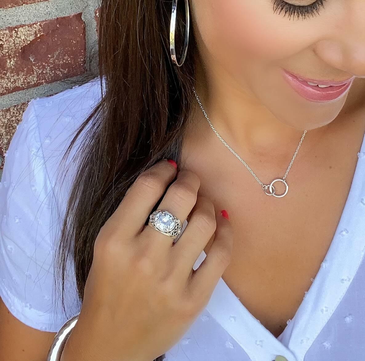 Designer sterling silver It Takes Two Necklace paired with Show Off Earrings, Eye Candy Ring and Hammered Bliss Bangle