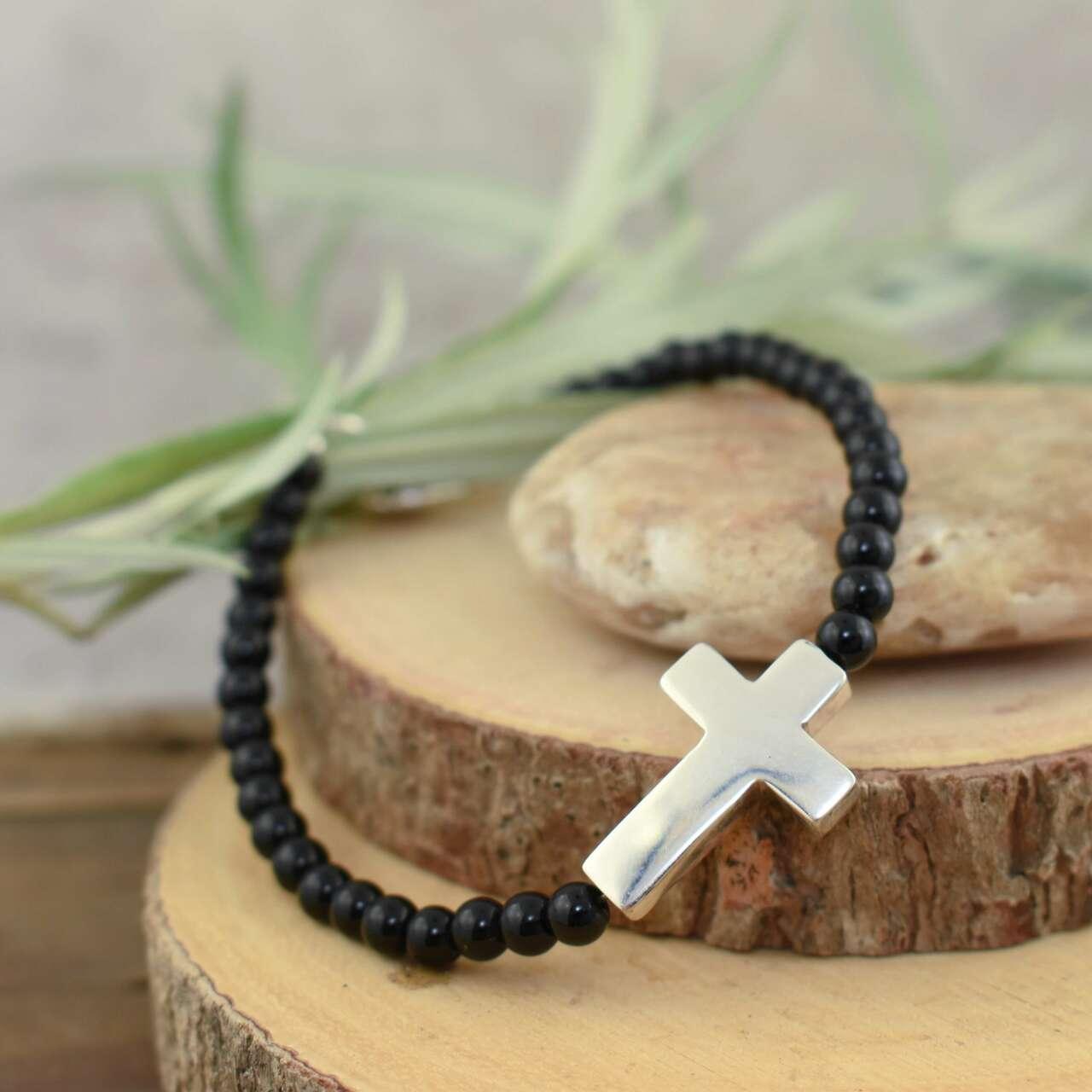 Beaded Cross Bracelet - Onyx in handcrafted sterling silver and genuine onyx