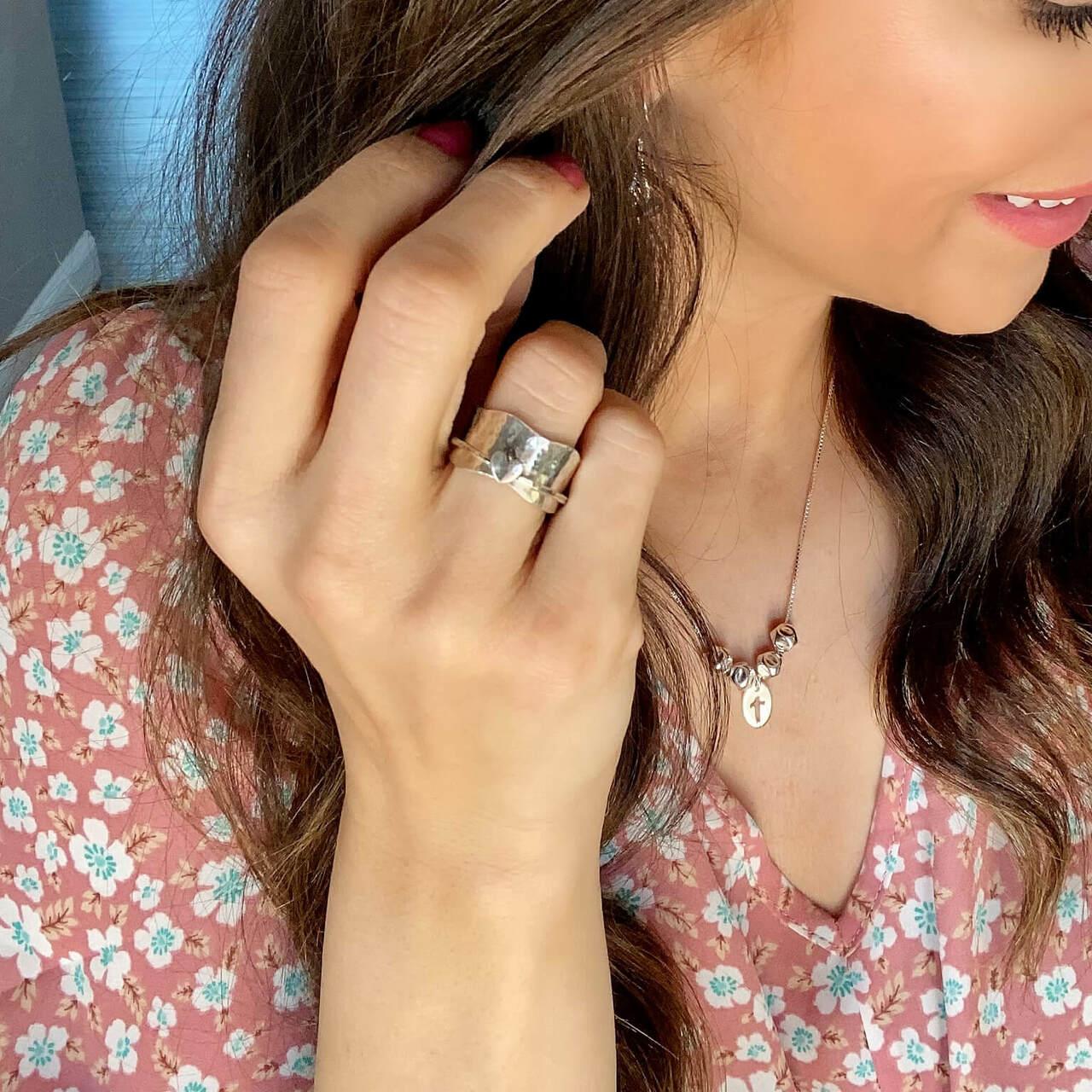 The Rock sterling silver cross necklace with sterling silver Waves of Love Ring